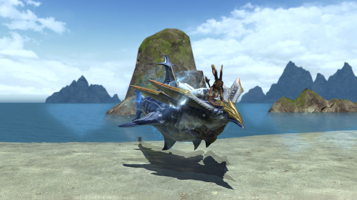 A Viera rides the Hybodus mount in FFXIV, which is like a shark with wings.