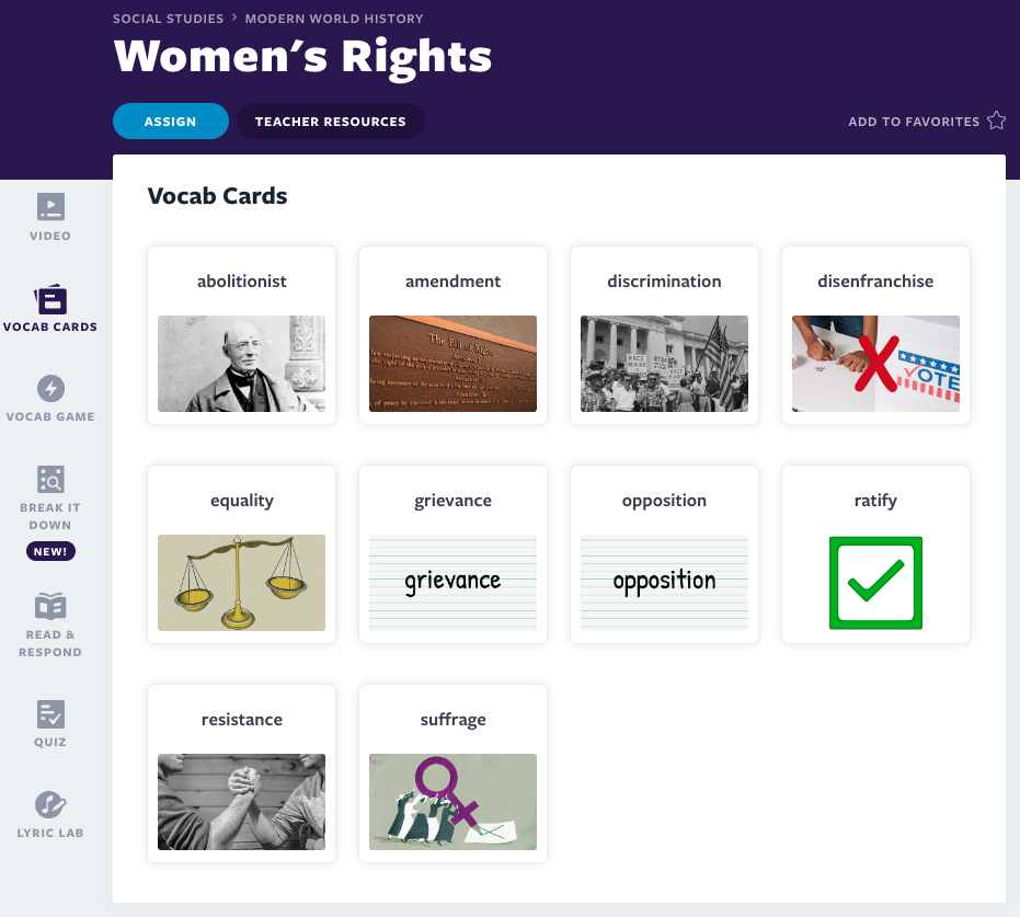 Atividade de cartões de vocabulário sobre os direitos da mulher