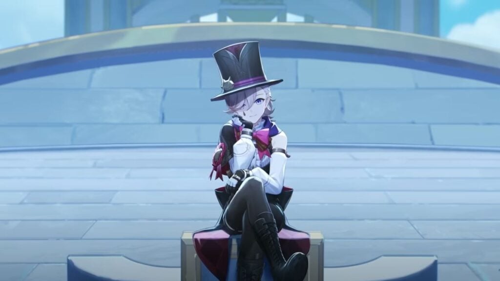 Immagine in evidenza per il nostro elenco di livelli Genshin Impact Lyney. Mostra uno scatto dal trailer del personaggio che indossa un cappello a cilindro, seduto su una scatola e guarda verso lo spettatore.