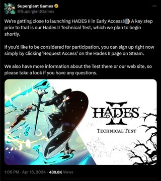HADES II の早期アクセス版のリリースが近づいています!🌒 その前の重要なステップは Hades II テクニカル テストであり、間もなく開始する予定です。参加を検討されたい場合は、Steam の Hades II ページで [アクセスをリクエスト] をクリックするだけで、今すぐサインアップできます。テストに関する詳細情報は、こちらまたは Web サイトにも掲載されていますので、ご質問がございましたらご覧ください。