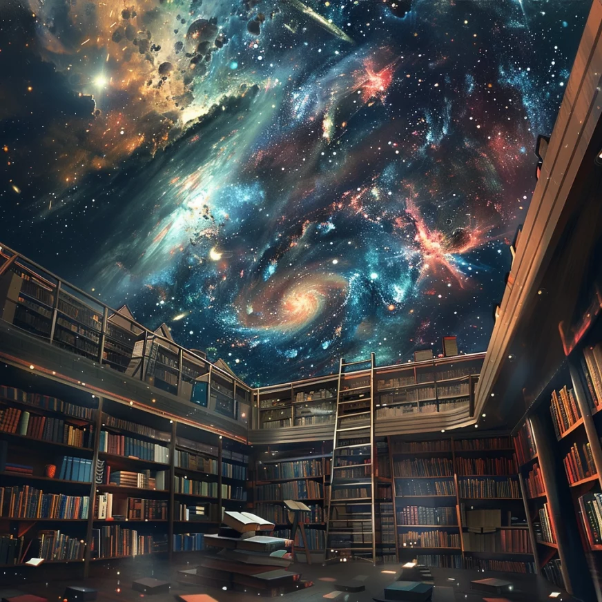 Perpustakaan kosmik tempat setiap buku berisi alam semesta yang menunggu untuk dijelajahi.