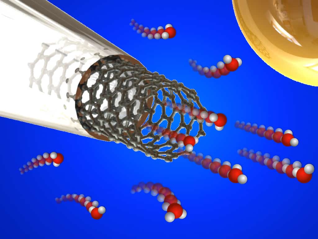 Vue d'artiste d'un liquide circulant à travers un nanotube de carbone