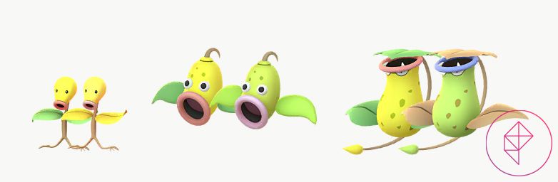 Shiny Bellsprout, Weepinbell, and Victreebel with their regular forms. Shiny Bellsprout gets yellow leaves, Weepinbell gets a green tint, and Victreebel gets a green and brown makeover with blue lips.