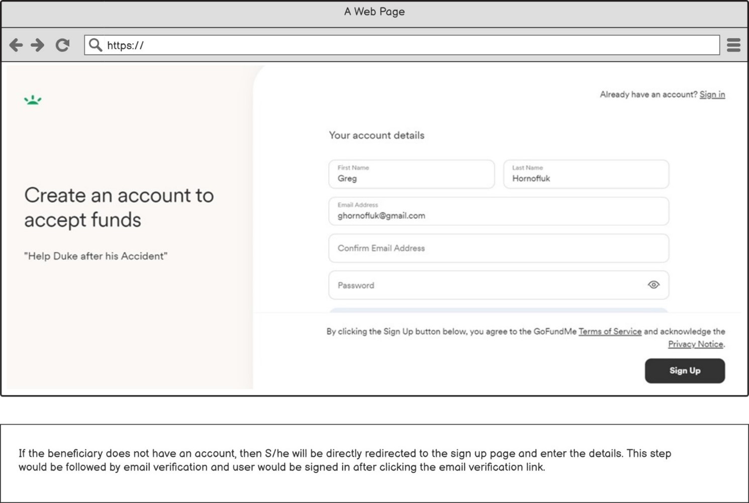 Felhasználó regisztrációs oldala, amikor meghívást kapnak fiók létrehozására a közösségi finanszírozási platformon