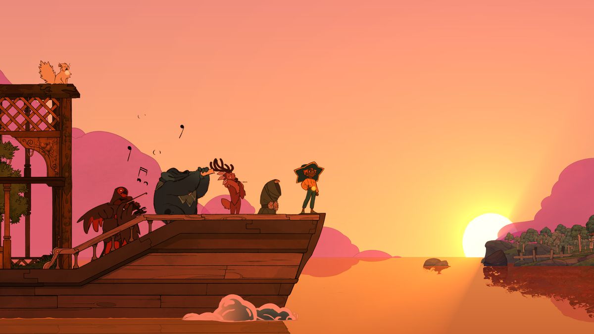geanimeerde personages op een boot kijken naar de ondergaande zon in de verte in Spiritfarer