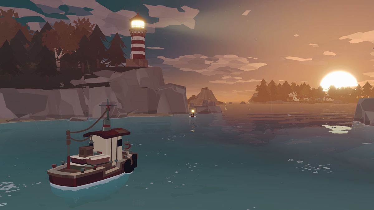 Dredge のスクリーンショットで、太陽が地平線から昇る中、灯台に向かう漁船