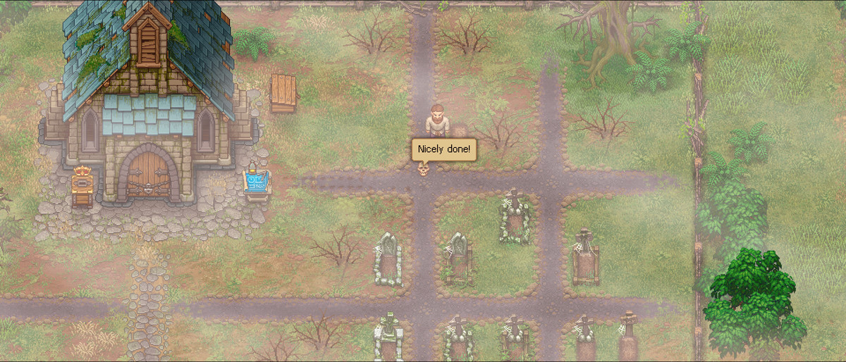 A skull says “Nicely done!” in a graveyard in Graveyard Keeper
