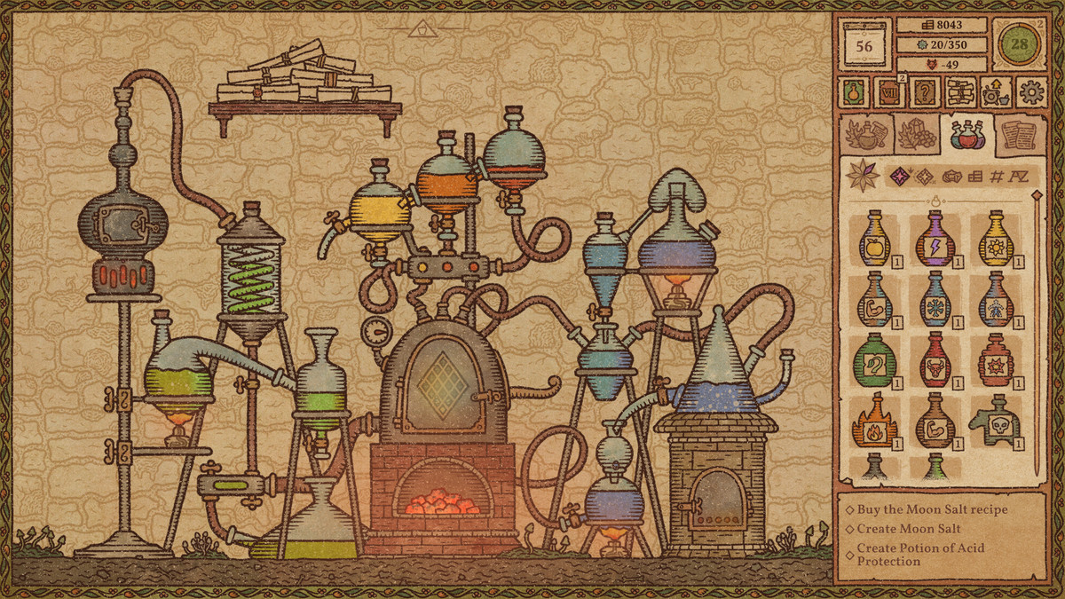 A sepia-toned image with a lot of potion vials leading into each other in Potion Craft: Alchemist Simulator. It looks delightfully intricate and complicated