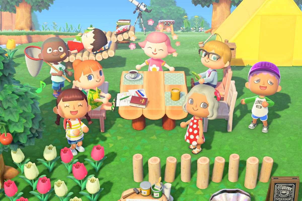 Sekelompok delapan warga berkumpul mengelilingi meja piknik di Animal Crossing: New Horizons