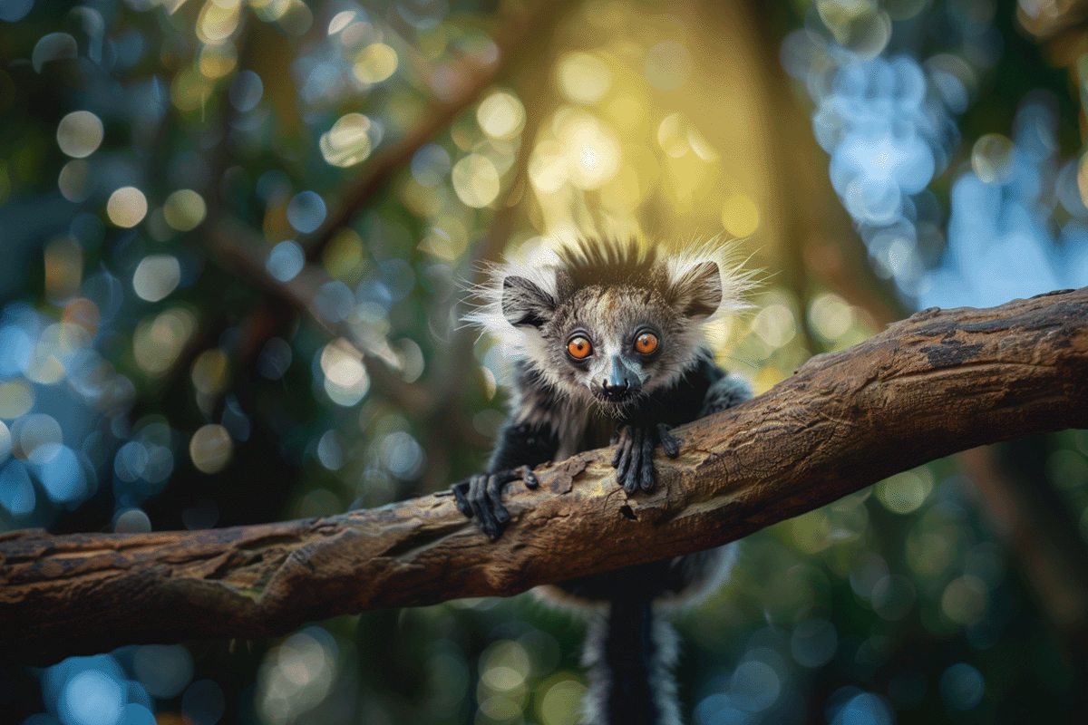 Tudi grde vrste potrebujejo zaščito biotske raznovrstnosti_ Aye-aye, vrsta lemurja, sedi na veji drevesa_visual 4