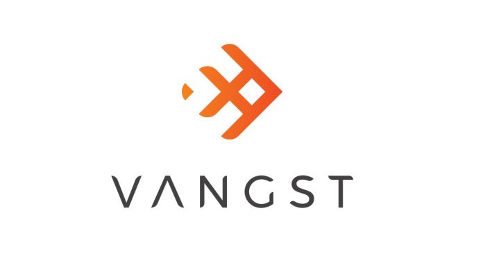 Vangst ロゴ白背景テキストの上にオレンジ色の抽象的な幾何学的なシンボルが黒の vangst
