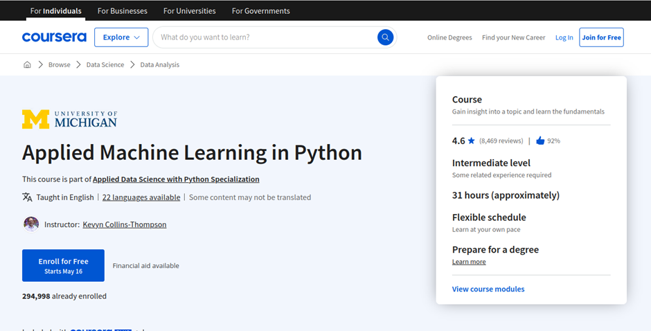 University of Michigan's Applied Machine Learning with Python