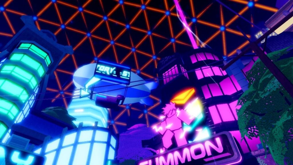 Feature image for our Anime Defenders codes guide. It shows the skyline of the in-game lobby area, with the grid overhead.