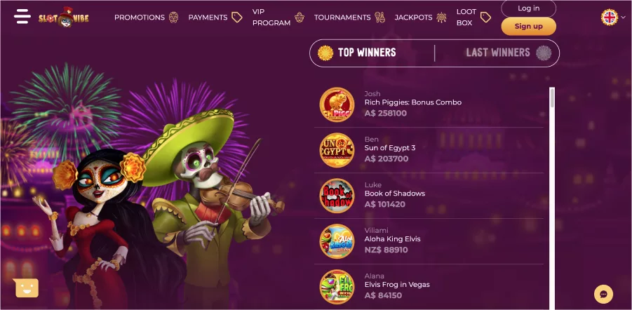 Screenshot of SlotVibe Casino showing the latest big winners on the homepage