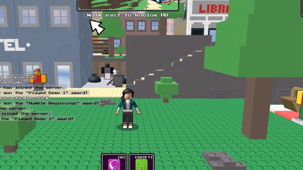 Feature image for our Blox Tales Badges guide showing a Roblox character standing on grass with buildings in the background.