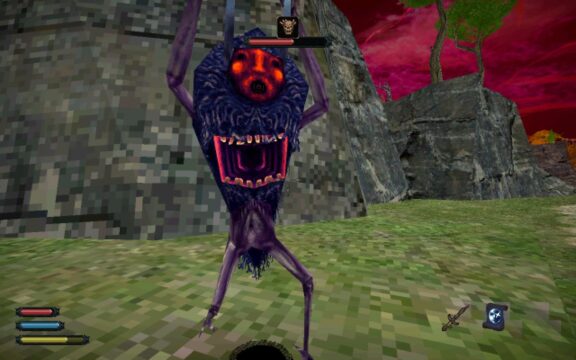 Screenshot from the game Dread Delusion. The screenshot shows a strange looking creature raising it's arms and screaming at me.