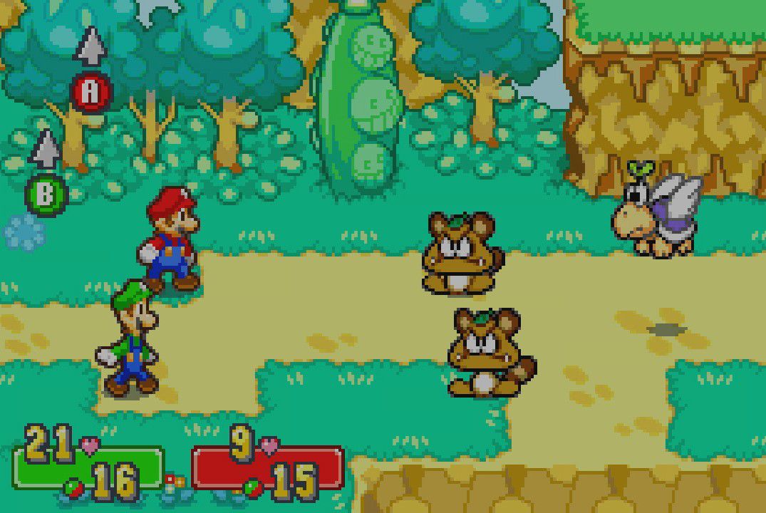 Mario and Luigi line up against some Goombas for turn-based battle in Mario &amp; Luigi: Superstar Saga