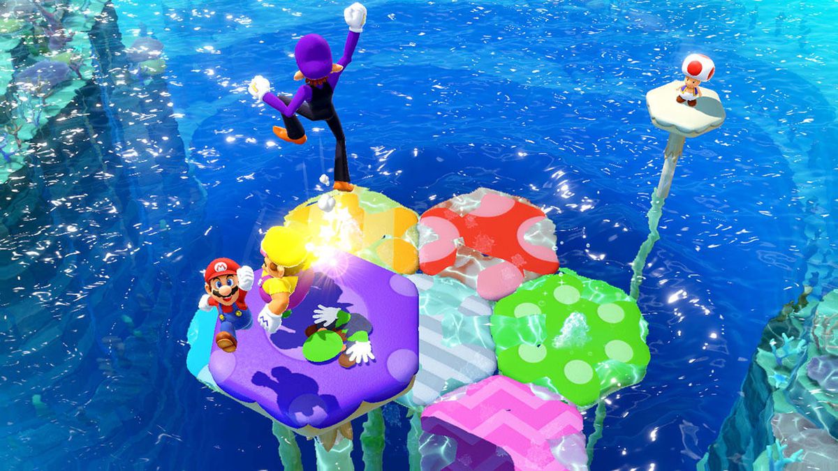 Mario and friends on a big mushroom in Mario Party Superstars