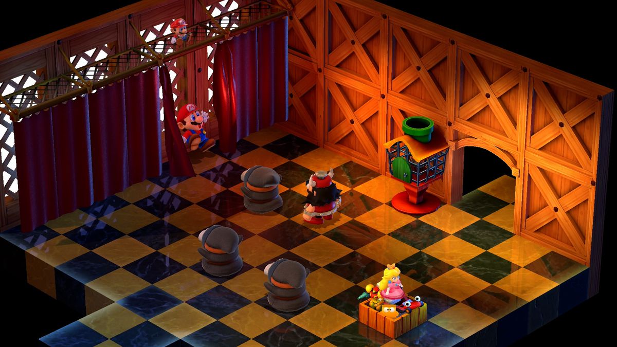 A character in a viking hat and three henchmen discover Mario behind a curtain in a room containing several toys of Mario characters in Super Mario RPG