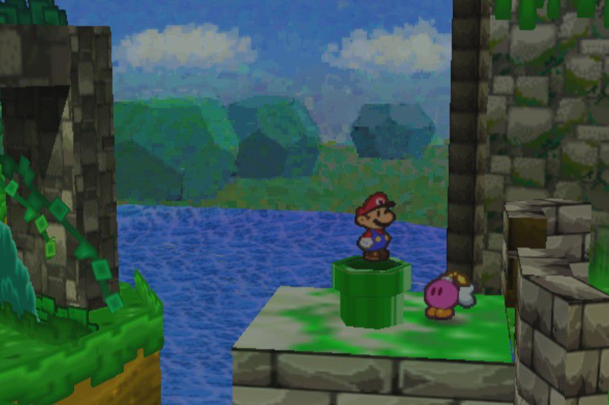 A paper cut-out Mario stands on a pipe in front of a textured 3D scene in Paper Mario