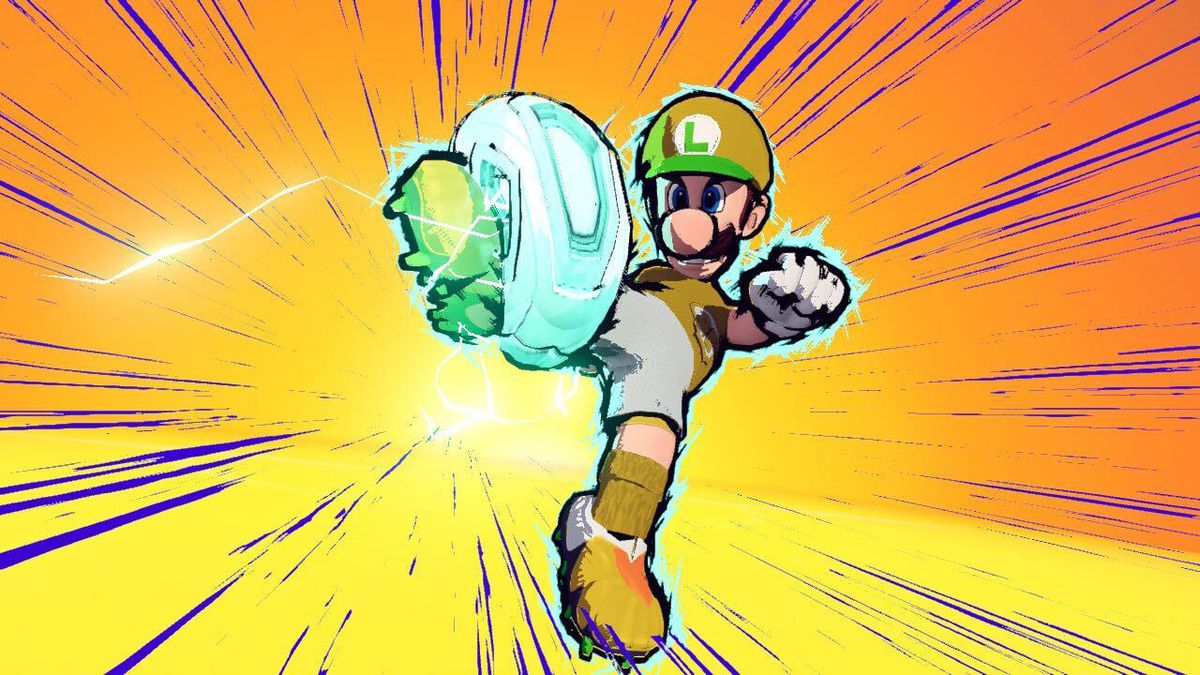 Luigi does a super strike in mario strikers: battle league