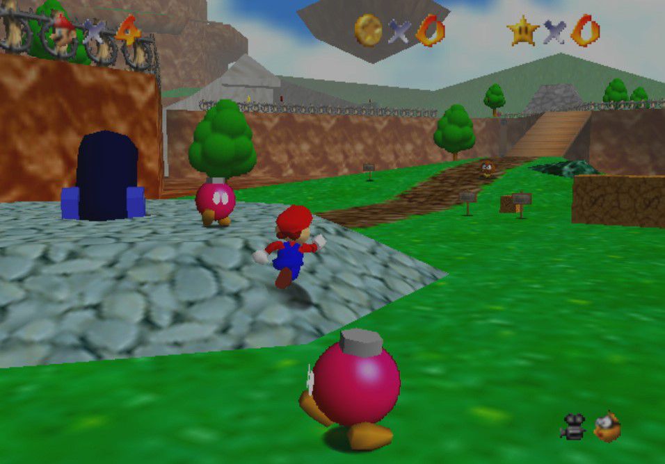 Mario runs past Bob-ombs in Super Mario 64