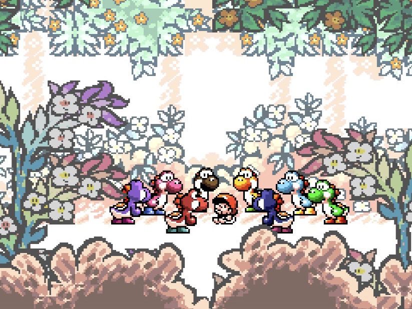 A crowd of Yoshis gathers round baby Mario in a pastel colored forest