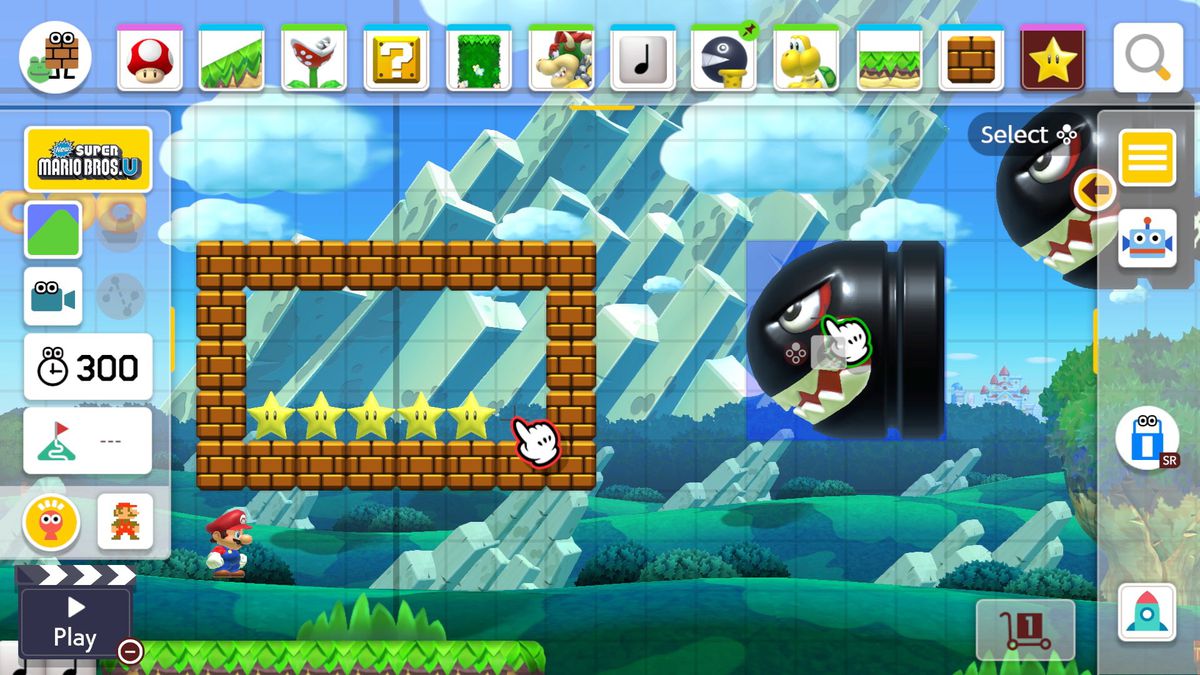creating a level in Super Mario Maker 2 with a Banzai Bill aimed at a rectangle of bricks with invincibility stars inside it