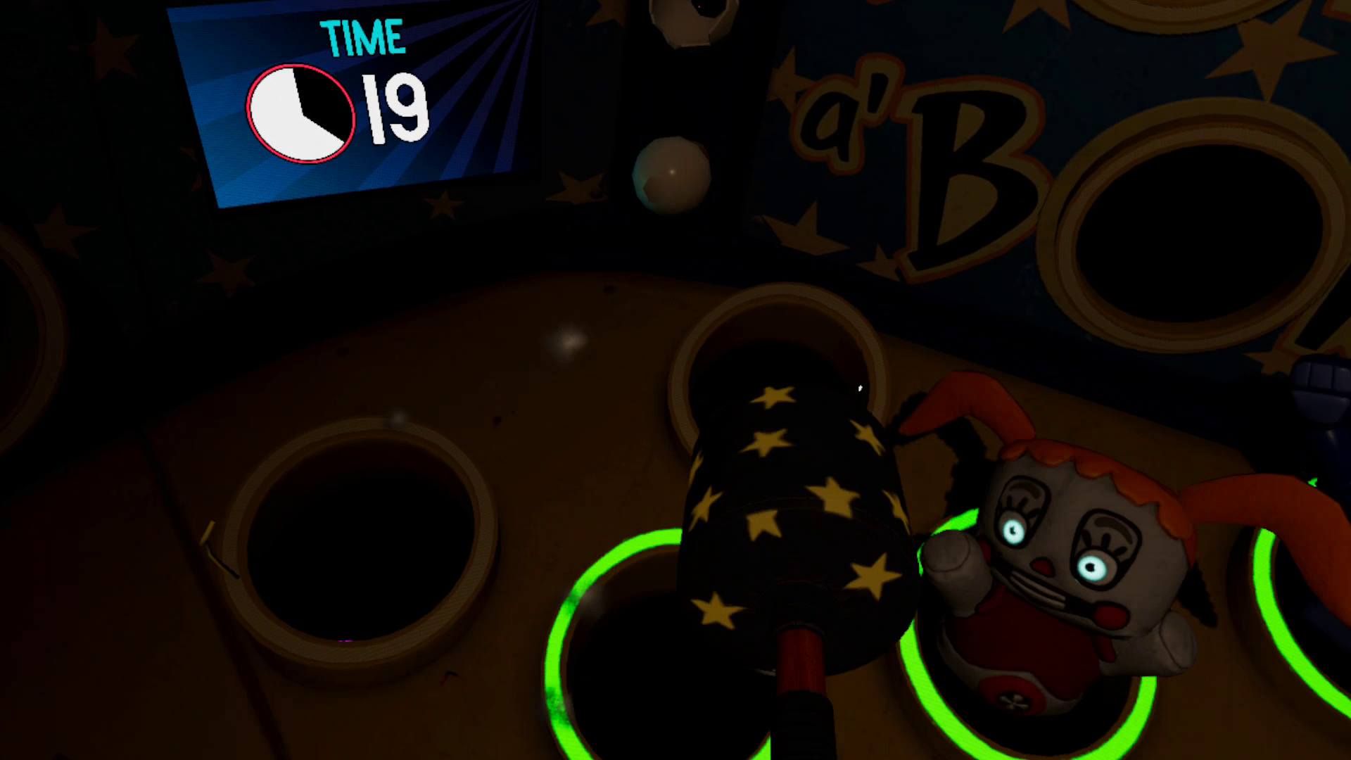 A whack-a-mole themed minigame with a timer counting down as a plush version of Circus Baby leaps out at the player, eyes glowing menacingly