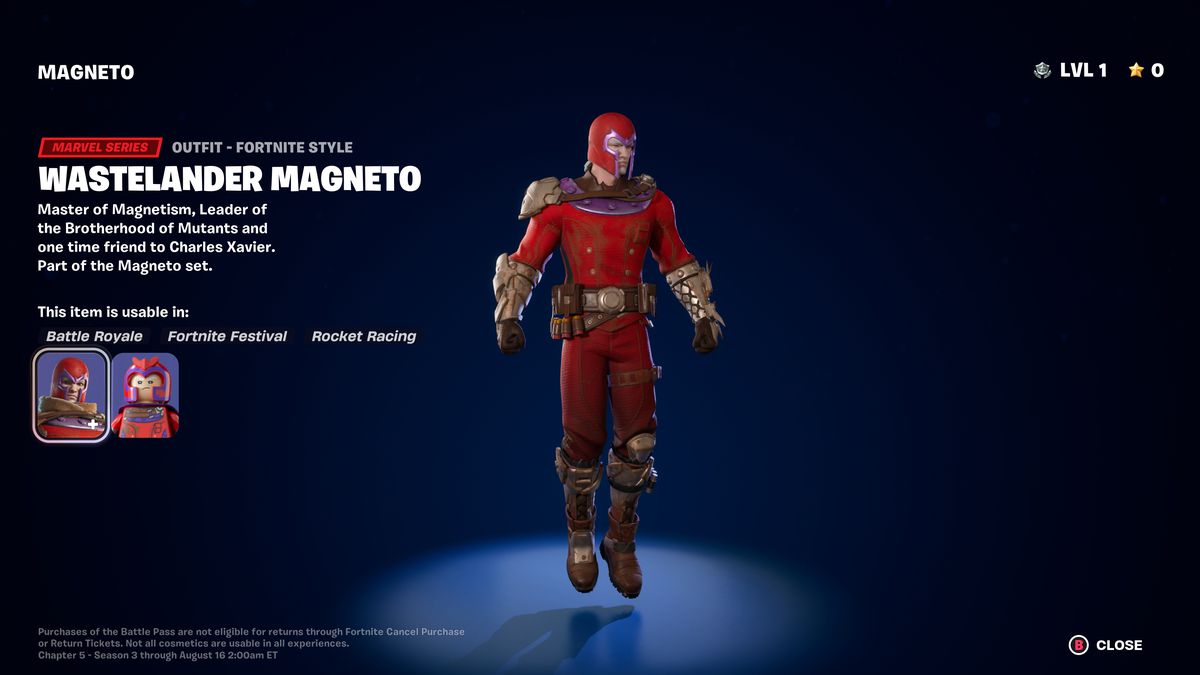 Magneto floats in front of a blue background in a screenshot for Fortnite Chapter 5 Season 3.