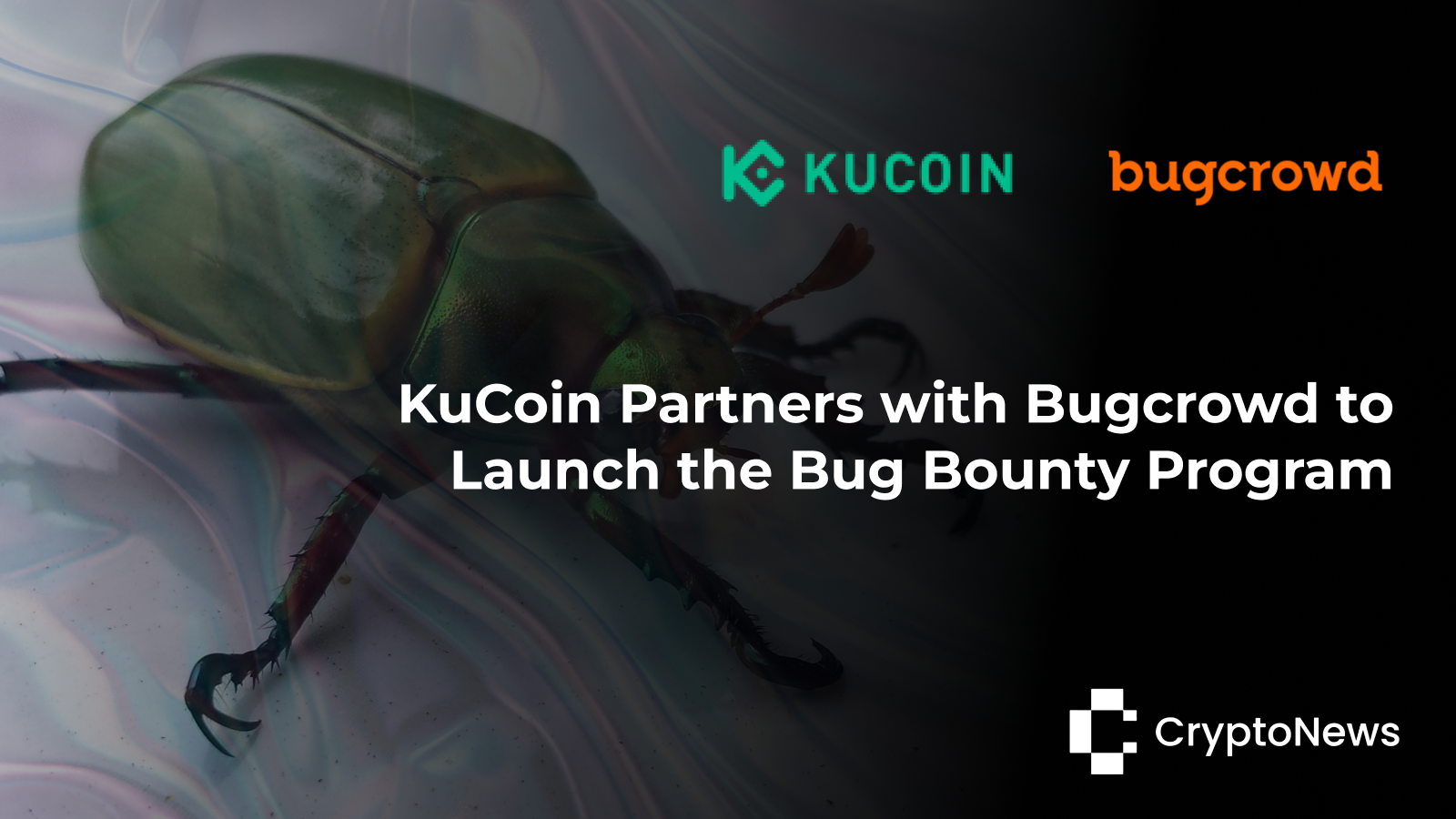 Image featuring the logos of Kucoin and Bugscrowd against a dark background with a bug, symbolizing their strategic partnership.