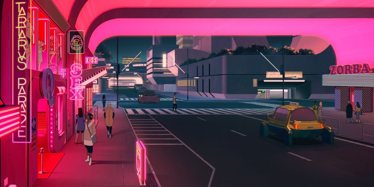 A woman in a yellow raincoat walking down a neon-lit street in a futuristic city in Mars Express.