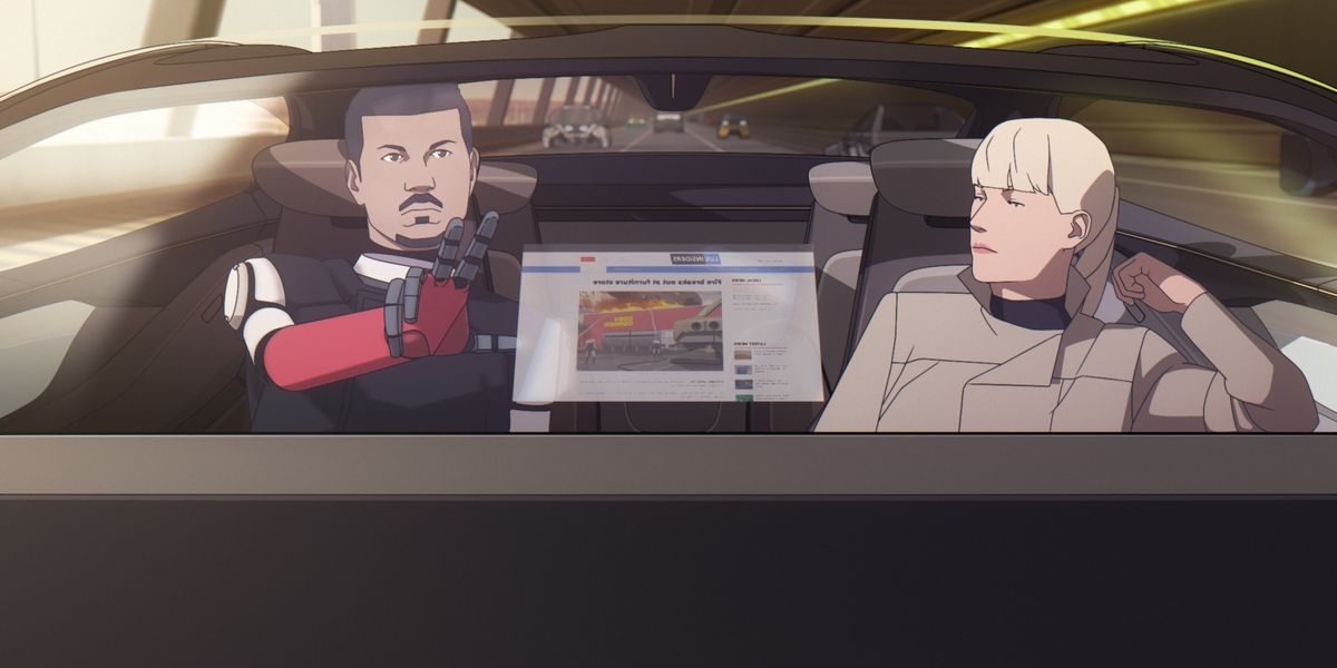 A robot with a holographic head and a red arm points to a screen next to a blonde haired woman in a trenchcoat in a futuristic vehicle in Mars Express.