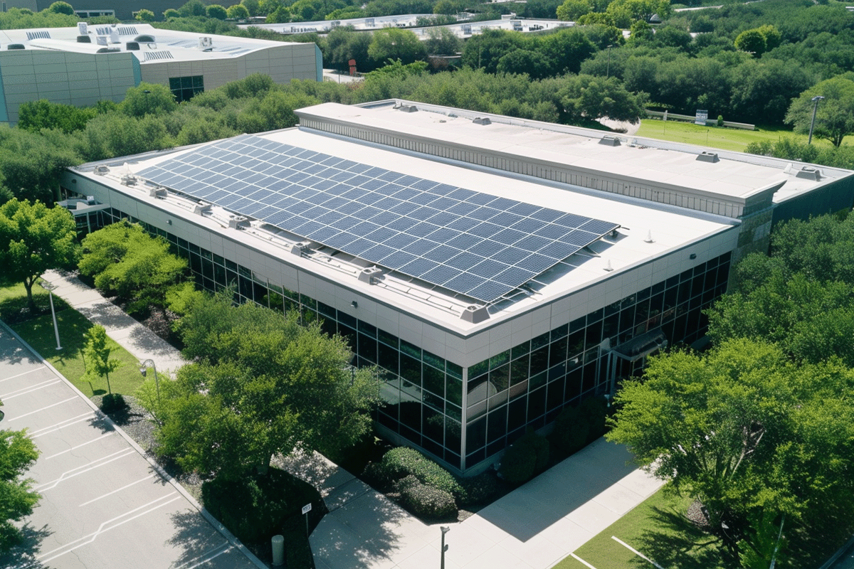 The carbon-neutral future of commercial real estate_Corporate building with solar panels on a roof_visual 3