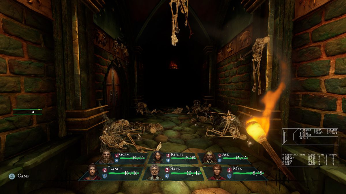 A first-person shot of Wizardry, showing a pile of skeletons outside of a door. The scene is lit by a flaming torch in the player’s right hand.