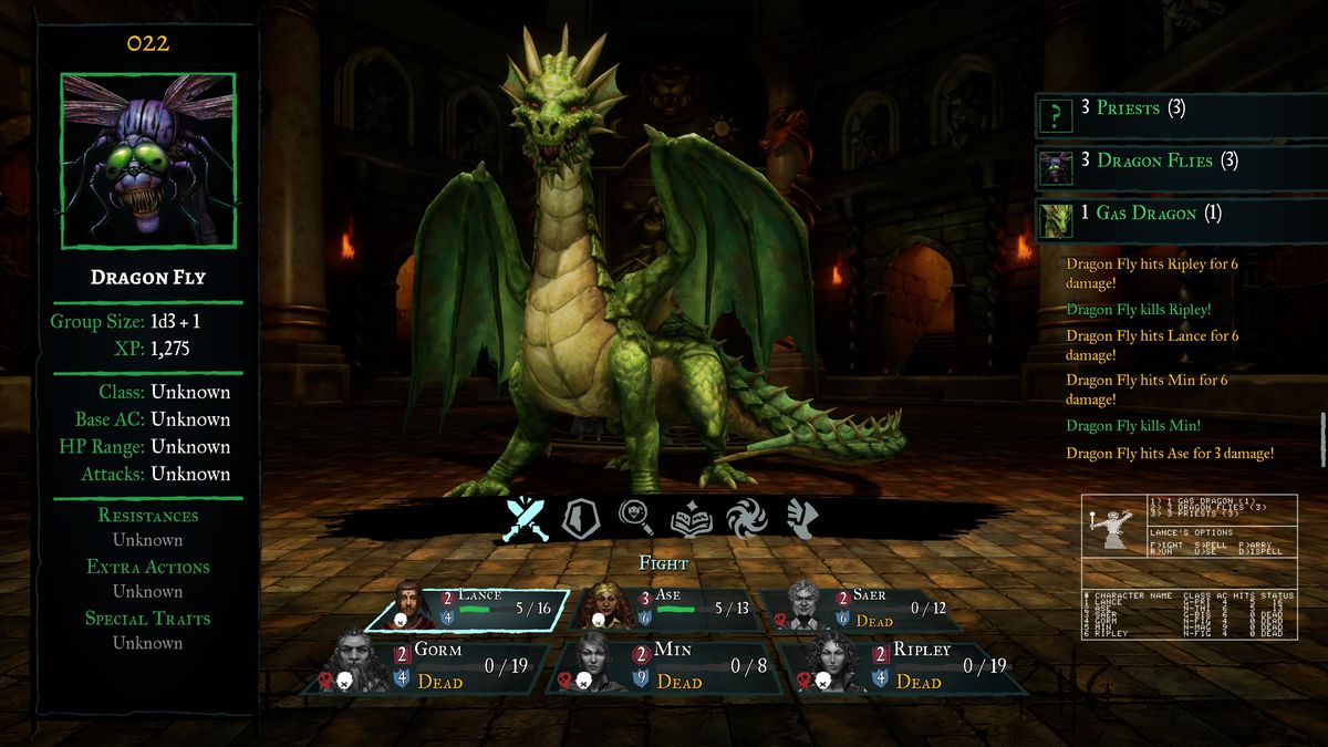 A battle screen from Wizardry, showing a first-person view of a large green Gas Dragon, with information about another enemy, a Dragon Fly, on the lefthand side of the screen