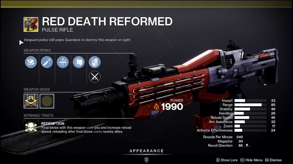 An image of the weapon screen for Red Death Reformed
