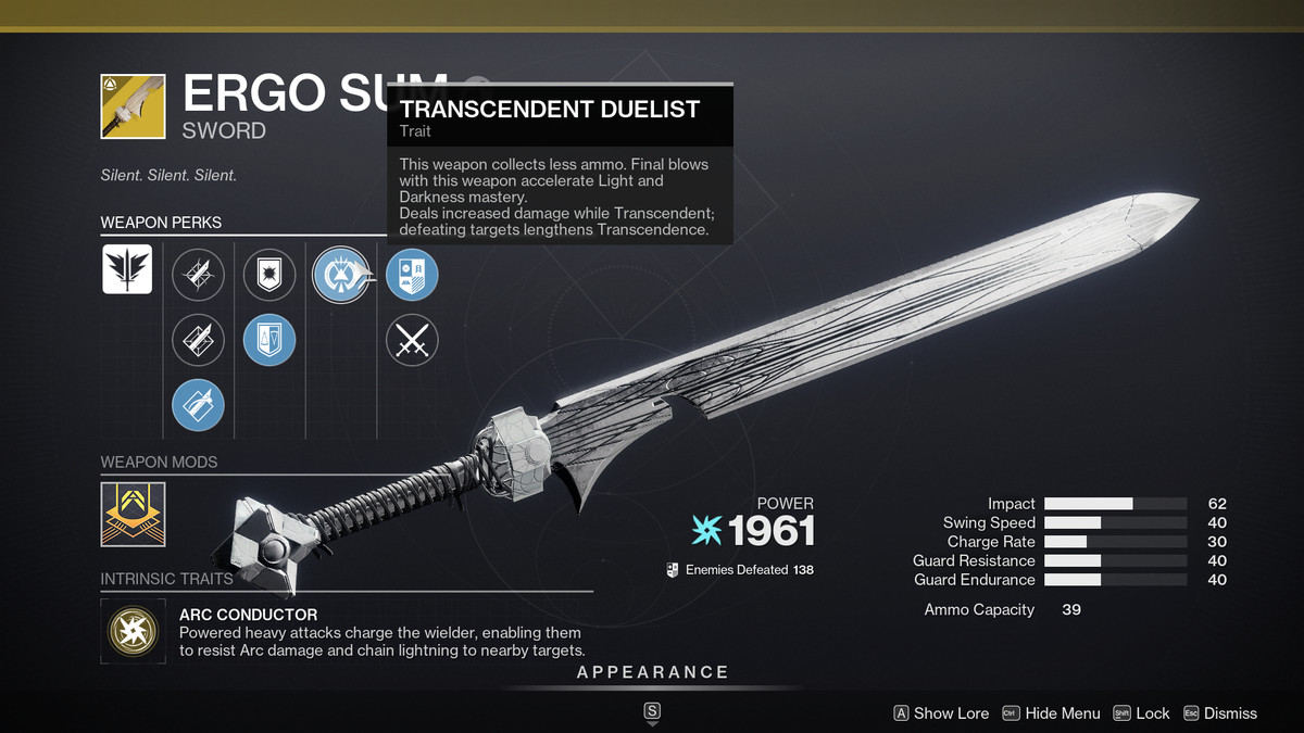 A look at the Ergo Sum Exotic sword with the Arc Conductor perk on it