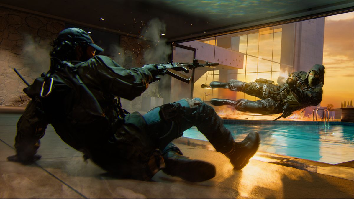 Two soldiers face off, one sliding toward an indoor pool and the other leaping while shooting in a screenshot from the Call of Duty: Black Ops 6 multiplayer mode