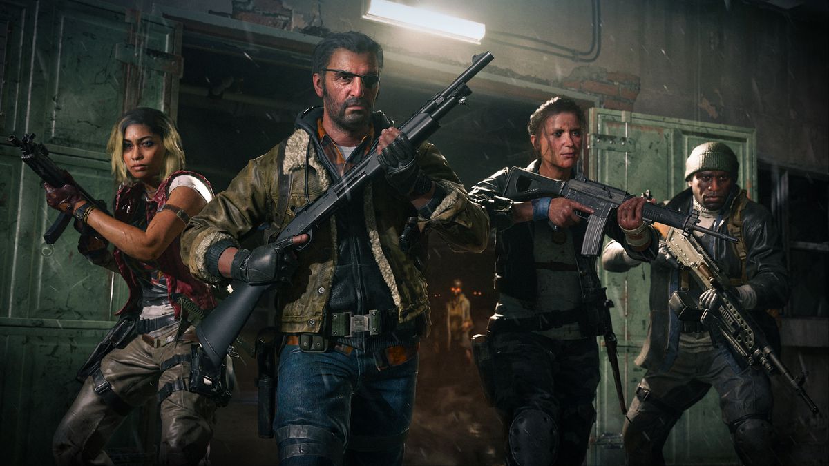 The cast of Call of Duty 6’s Zombies mode stands heavily armed outside a bunker door in a screenshot from the game