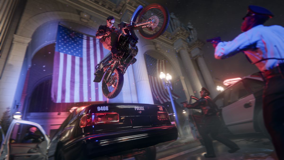 Special Officer Russell&nbsp;Adler jumps a motorcycle over a police car in Washington D.C. in a screenshot from the Call of Duty: Black Ops 6 campaign