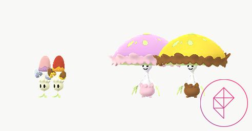 Shiny Morelull and Shiinotic in Pokémon Go with their regular versions. Shiny Morelull gets brown and red caps and shiny Shiinotic gets a yellow cap with brown trimming