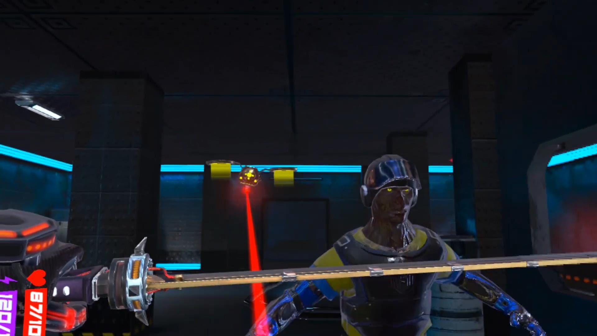 The player wields a katana against a brute zombie and a drone.