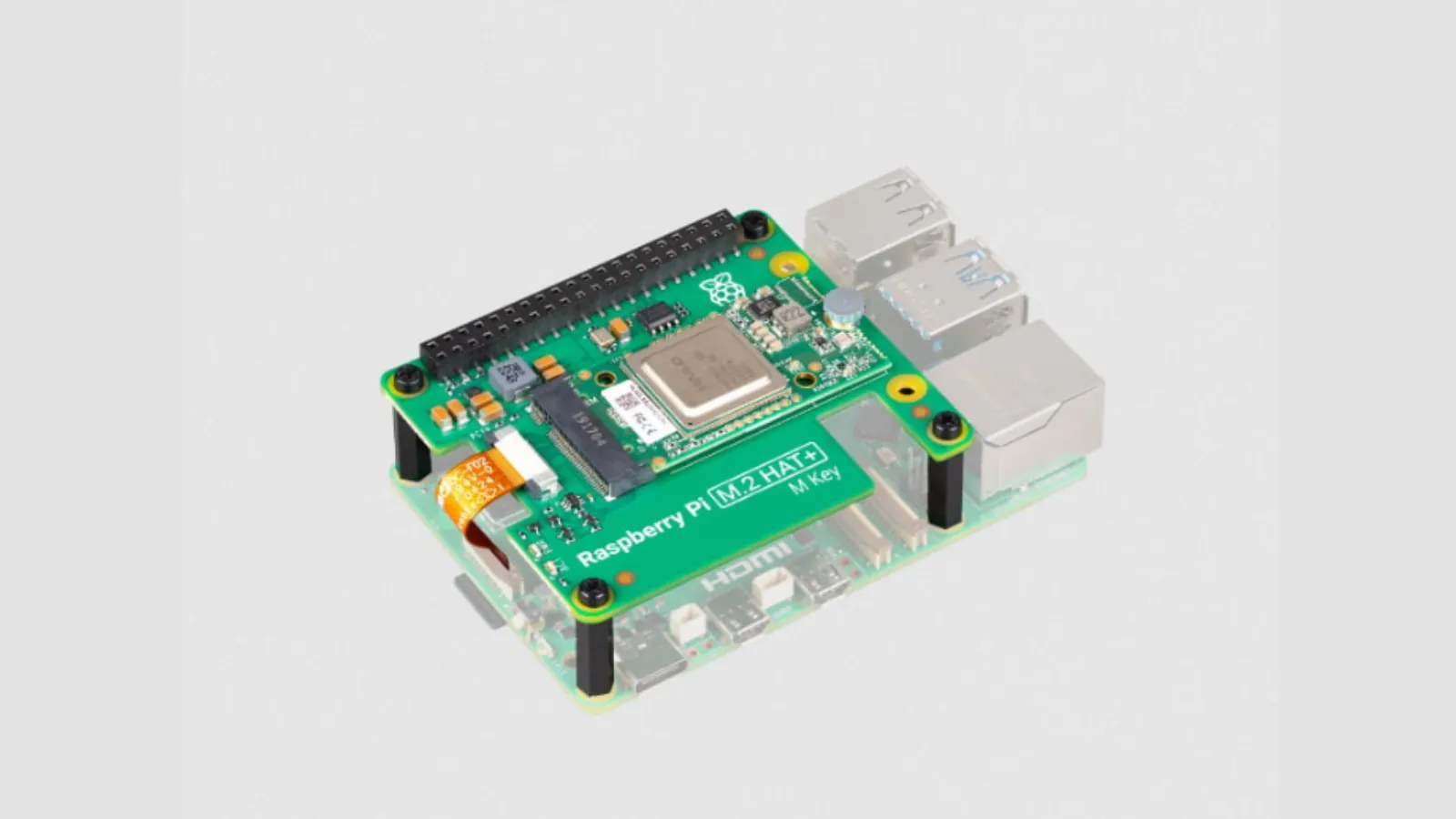 Raspberry Pi 5 wearing the Raspberry Pi AI Kit