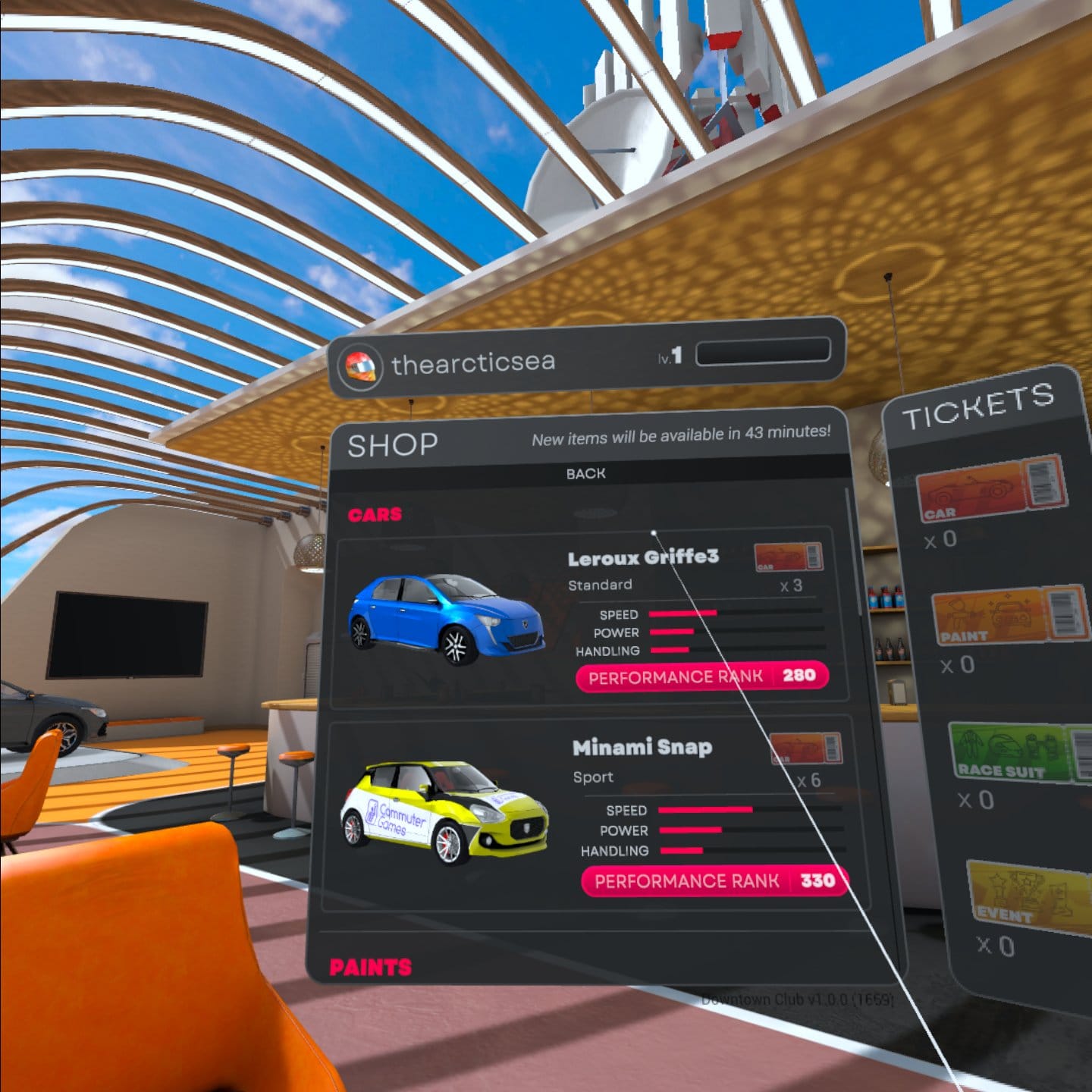 The virtual storefront in Downtown Club, which shows cars, outfits, and helmets for sale.
