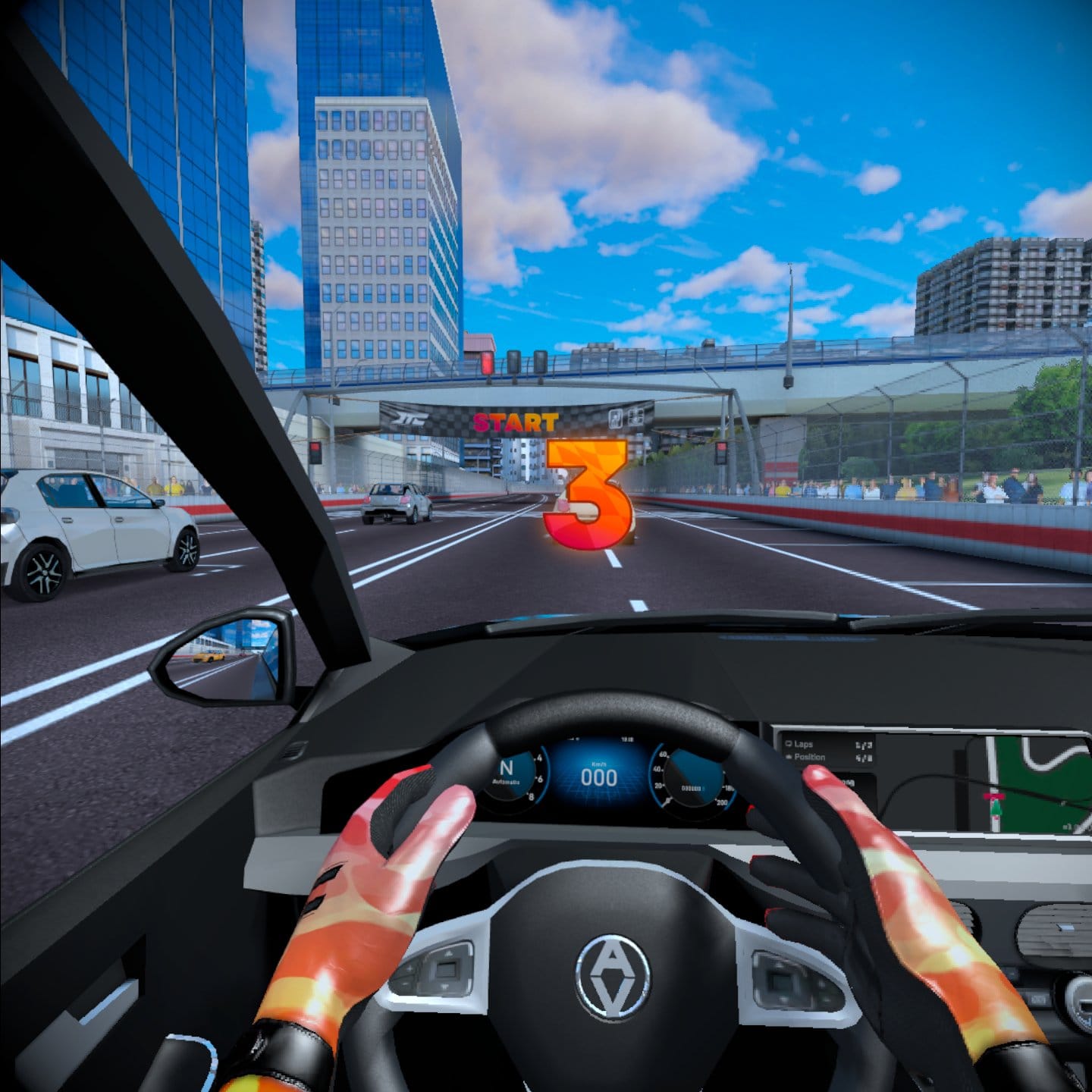 The player's perspective in Downtown Club, a VR racing game. Sitting in the drivers seat with hands on the wheel, a race track in the city, with tall buildings and blue skies.