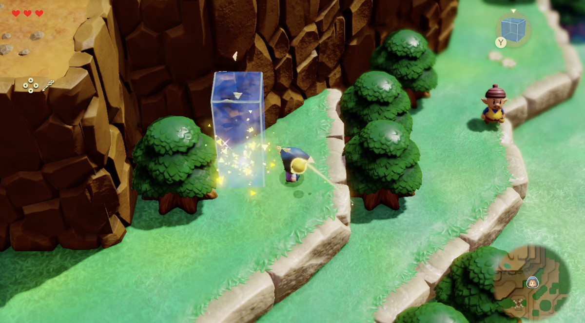 A screenshot of the trailer for Legend of Zelda: Echoes of Wisdom shows Zelda stacking three water cubes next to a cliffside.