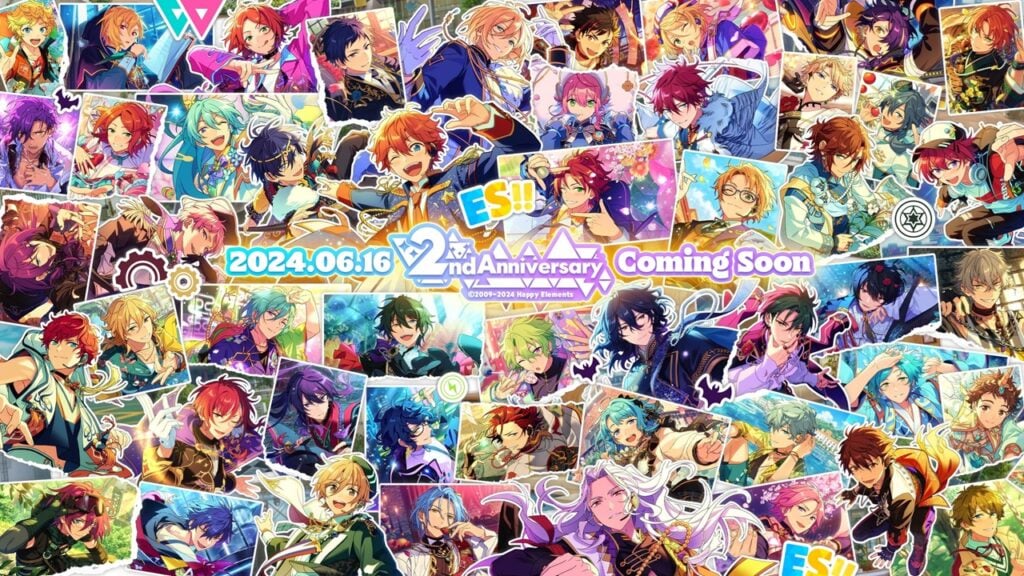featured image for our news on Ensemble Stars!! Music second anniversary. It features a collage of many characters from the game. They're idols with vibrant hair and vibrant outfits. The game's logo and the words 2nd anniversary are in pink and white font in the middle.