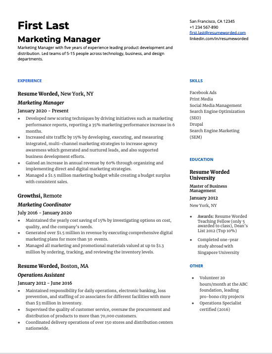 ATS resume template; marketing manager CV 