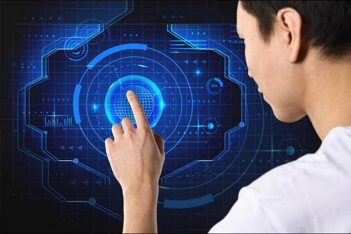 Close-up man using smart touch screen server